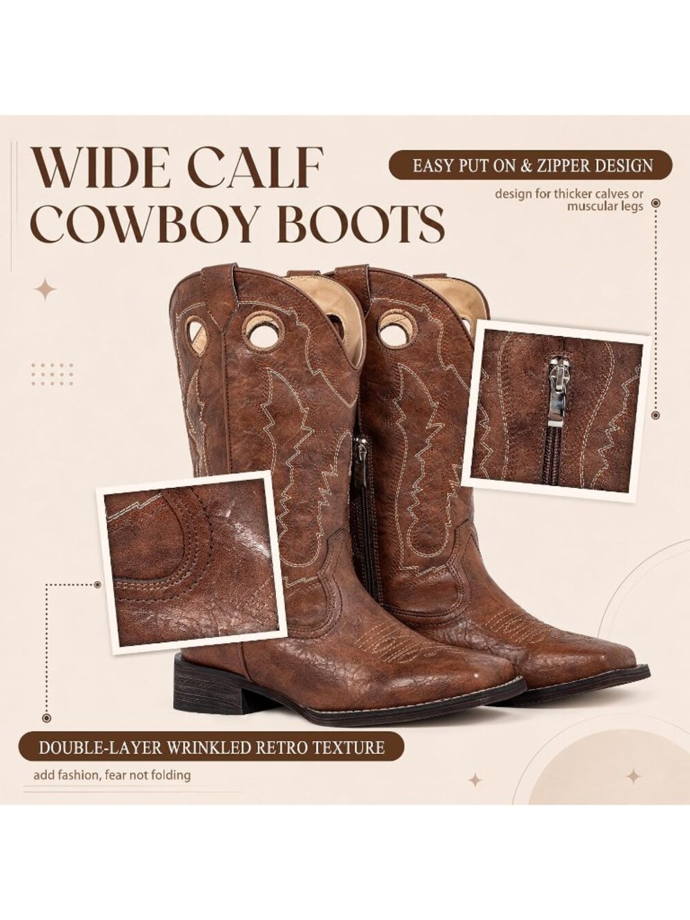 Women's Brown Faux Leather Wide Calf Western Embroidered Cowgirl Heeled Boots - Picture 4 of 6